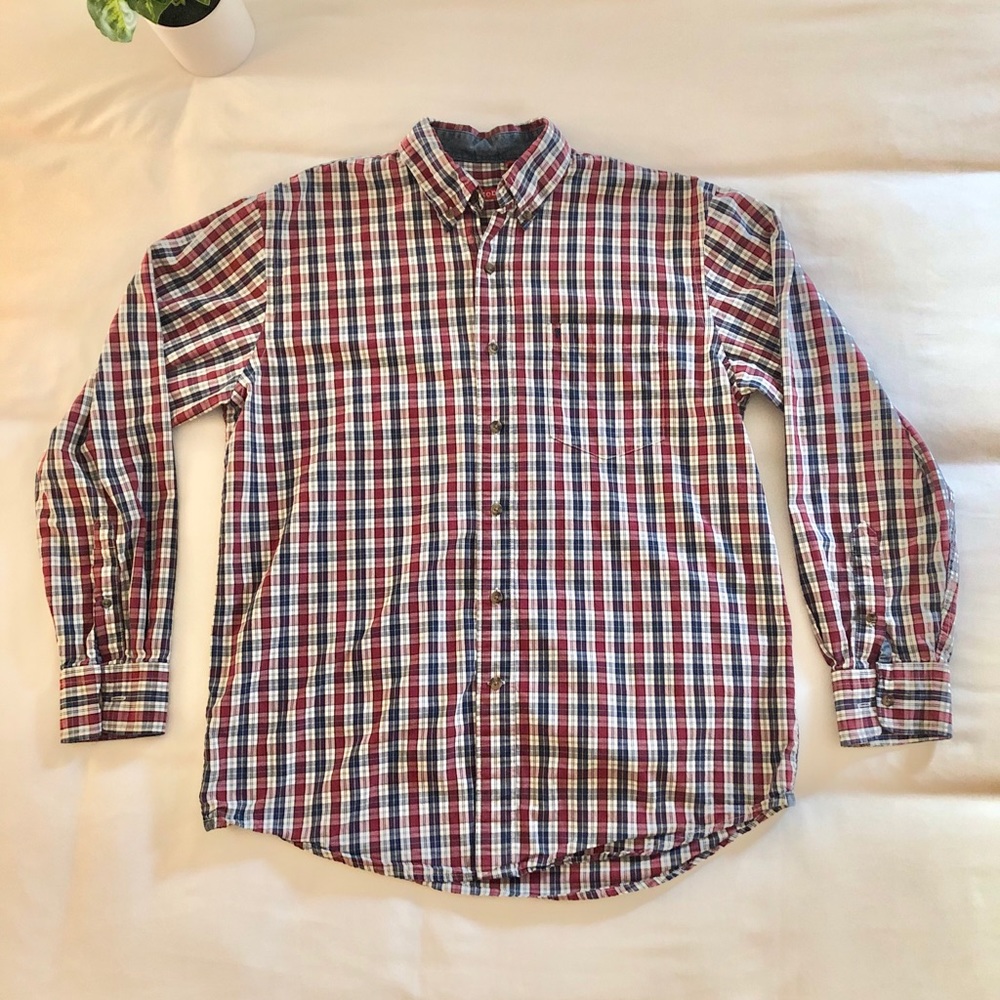 Men’s Izod Plaid Button Down, Medium Red and Blue